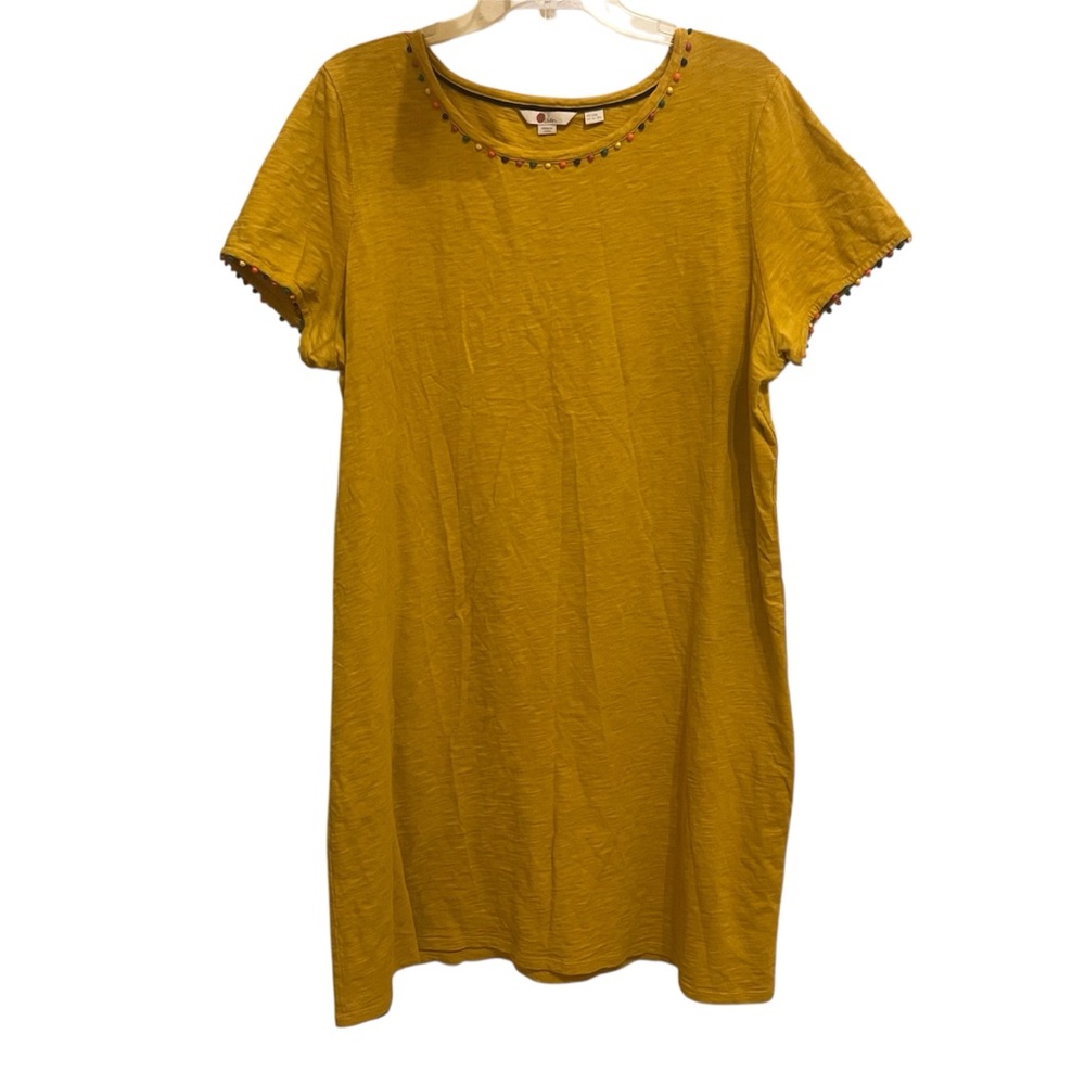 Boden Dress T Shirt Golden Yellow Pom Poms Casual Boho Colorful Size 16